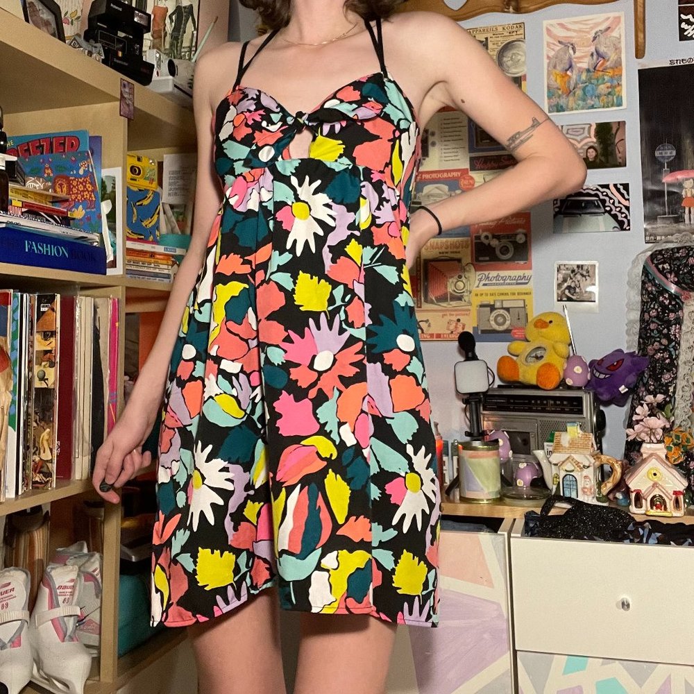 S ROXY rainbow flower tie up Dress